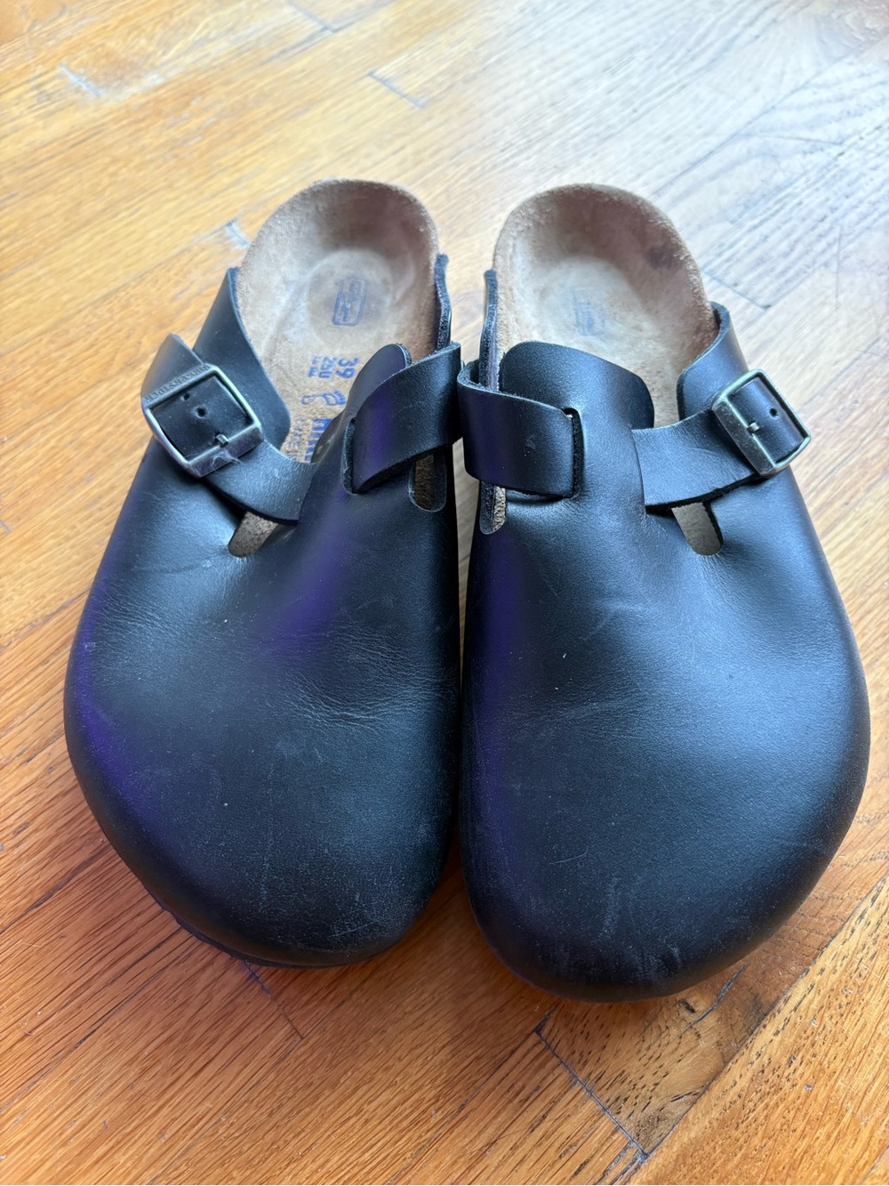Birkenstock Black Leather Clog Mules with Buckle Strap